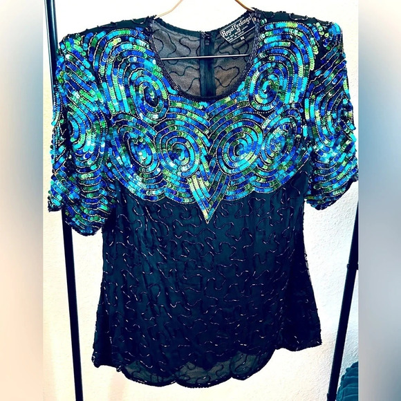 American Vintage Tops - Vintage Sequin and Beaded 100% Silk Blouse- Size Medium